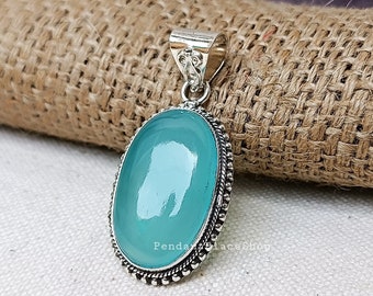 Handmade Aqua Chalcedony Pendant: 925 Sterling Silver Gemstone
