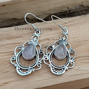 Handmade Pear Rose Quartz 925 Sterling Silver Earrings