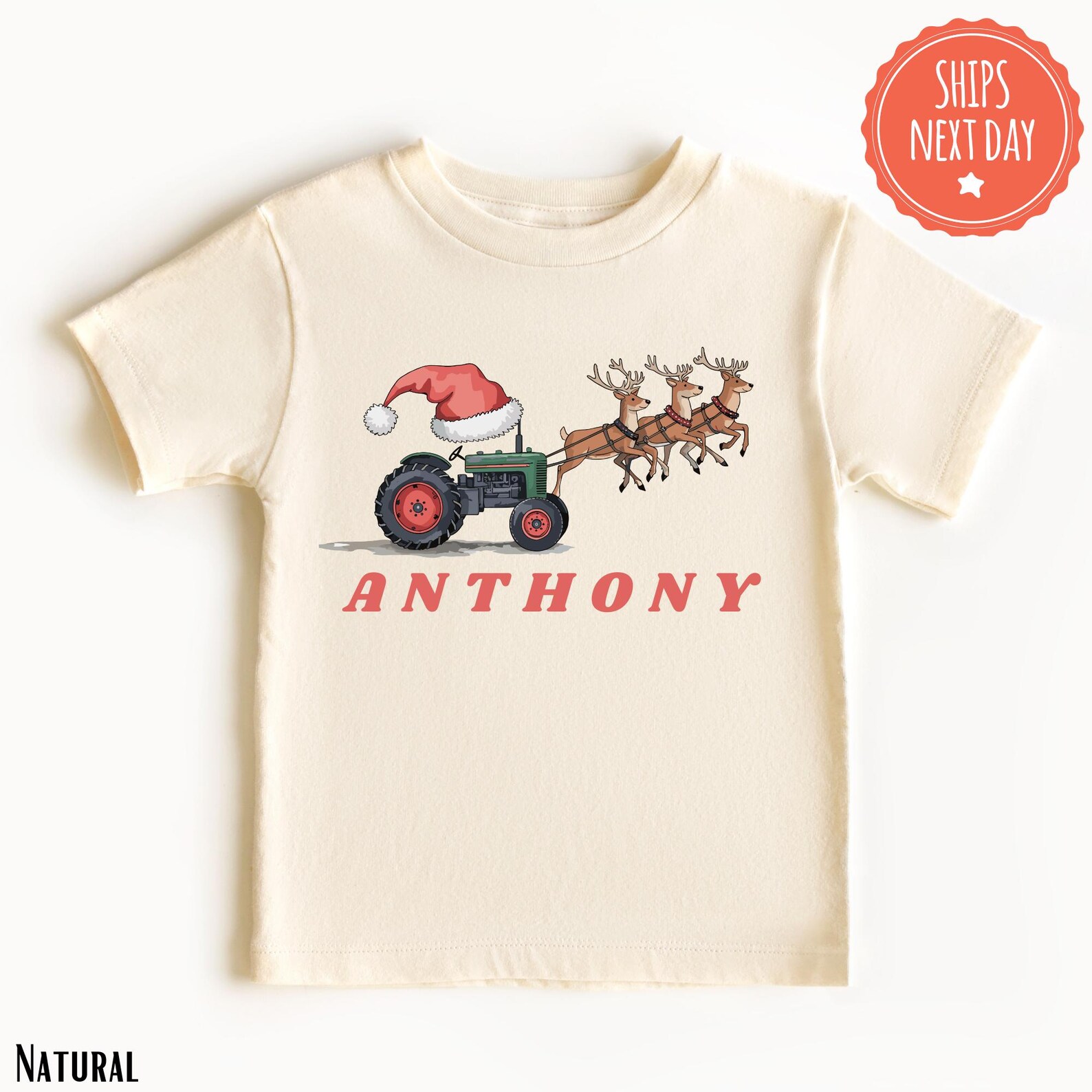 Christmas Holiday Kids Name Shirt Tractor Boy Reindeer Tee Custom
