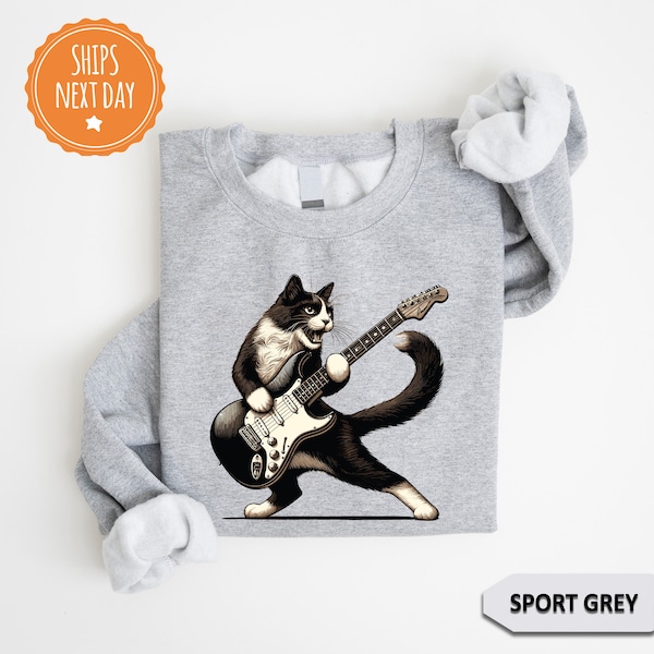 Rock Cat Playing Guitar Sweatshirt - Retro Funny Guitar Cat - Cat Lover Gift - Rock Lover - Rocker Hoodie - Cat Hoodie - Rock Cat - Cat Mom