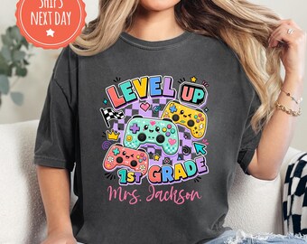 Custom First Grade Level Up Teacher Shirt, Retro Gaming Back to School Tee, Comfort Colors Gamer Educator Top