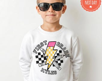 Custom First Grade Boys Sweatshirt, Retro Back to School Crewneck, Personalized Name Student Sweater