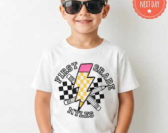 Custom First Grade Boys Shirt, Retro Back to School Tee, Personalized Name Student Tshirt