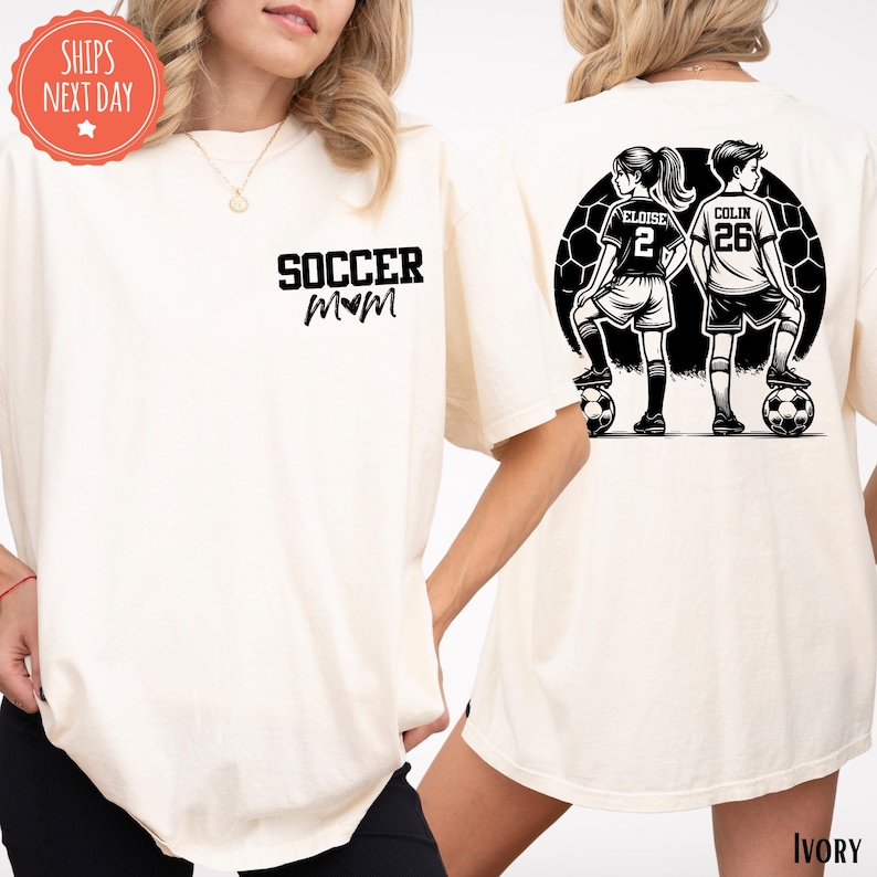 a woman wearing a white soccer mom t - shirt