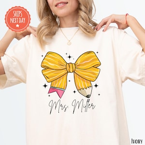 Personalized Back To School Teacher Shirt - Custom Coquette Teacher Tshirt - Coquette Pencil Bow Shirt - First Day Of School Teacher Gift
