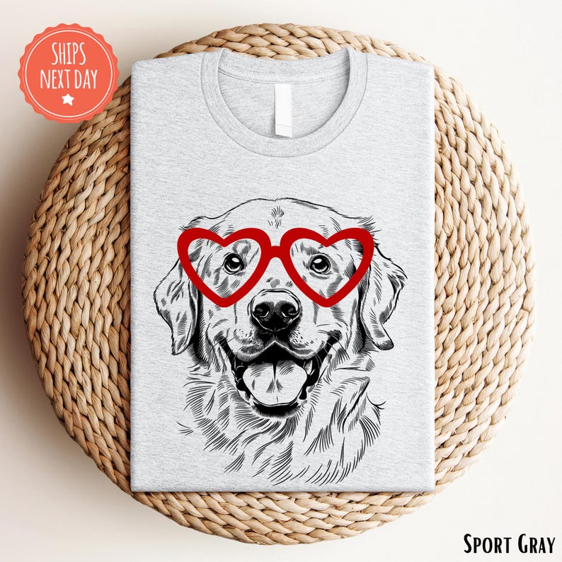 a t - shirt with a picture of a dog wearing heart glasses