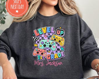 Custom First Grade Level Up Teacher Shirt, Retro Gaming Back to School Tee, Comfort Colors Gamer Educator Top