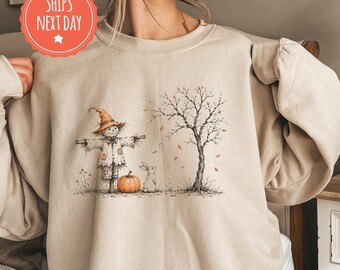 Halloween Scarecrow Sweatshirt, Pumpkin Dog Crewneck, Autumn Fall Cottagecore