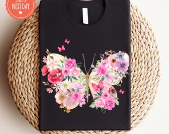 Floral Butterfly Shirt - Wildflowers Butterfly Tshirt - Butterfly Lover Shirt - Cute Butterfly Tee - Insect Lover Tshirt - Nature Lover