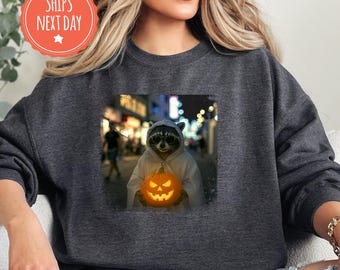 Raccoon Ghost Sweatshirt, Spooky Season Graphic Crewneck, Funny Trick or Treat