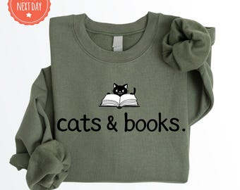 Cats And Books Sweatshirt - Book Lover - Gift For Cat Lover - Bookish Cat - Reading Crewneck - Bookish Gift - Booknerd - Librarian Sweater