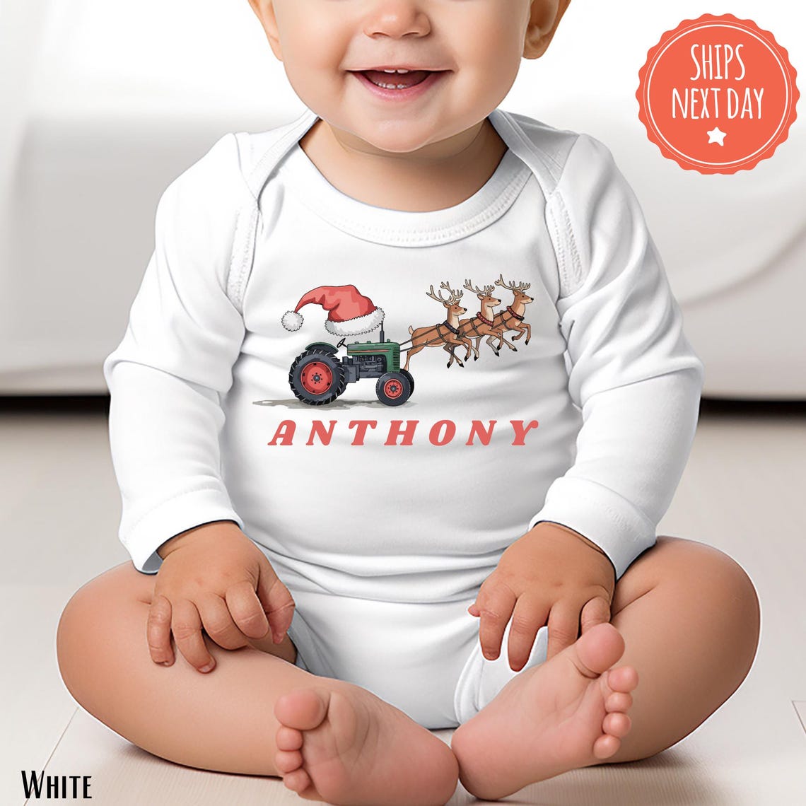 Christmas Holiday Kids Name Shirt Tractor Boy Reindeer Tee Custom