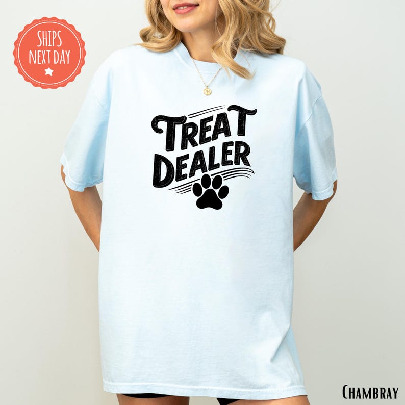 a woman wearing a t - shirt that says treat dealer