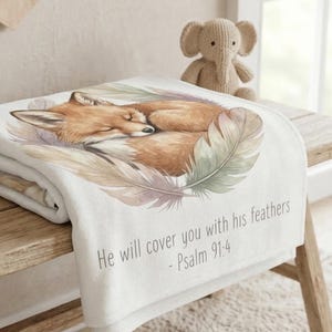 Bible Verse Sleeping Fox Plush Blanket Psalm 91:4 Christian Nursery Soft Throw