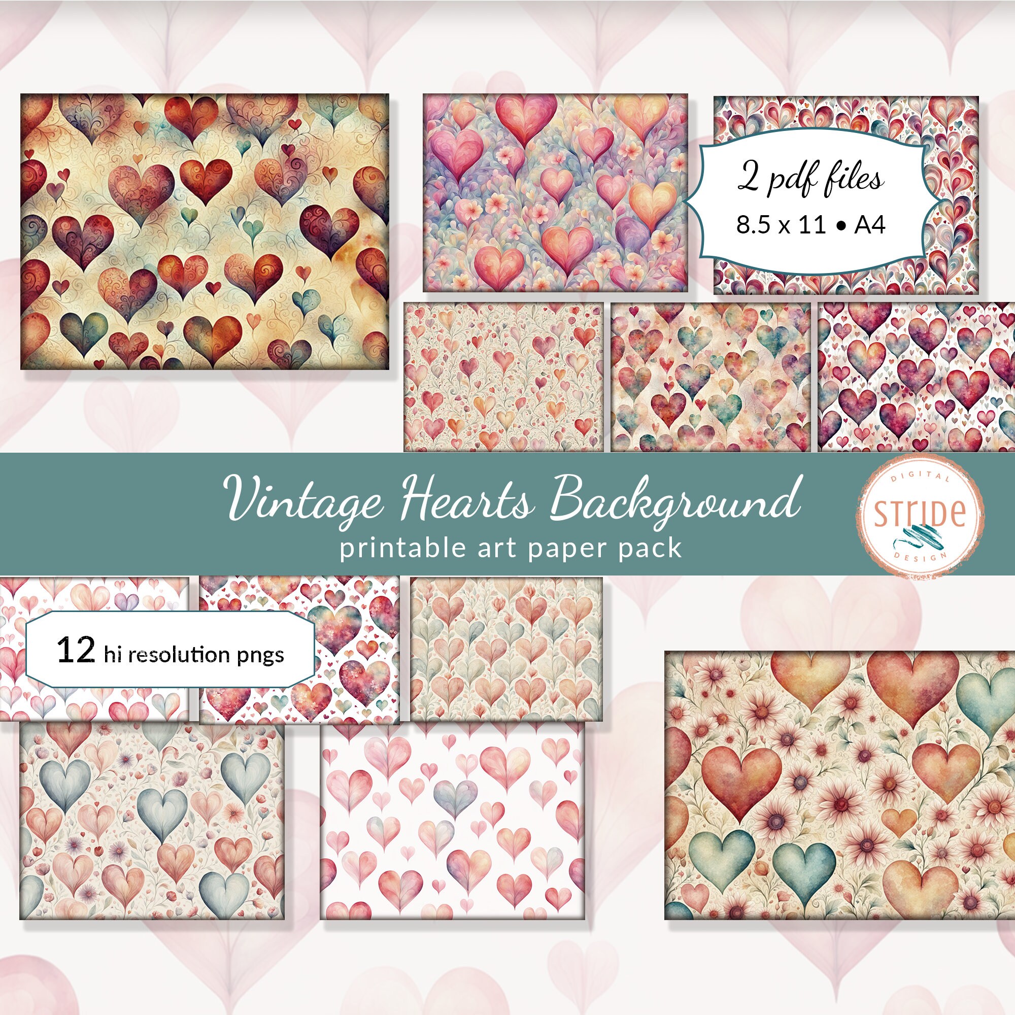 Vintage Hearts Background Printable Art Pack for Junk Journals, Card ...