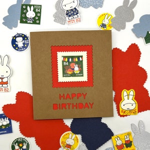 Tarjeta de felicitación de Miffy y sus amigos personalizable: hecha a mano con sello postal japonés auténtico y tu mensaje.
