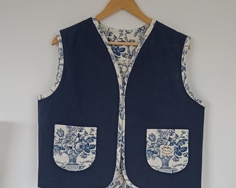 Gilet matelassé réversible - Toile de Jouy marine - Pièce unique