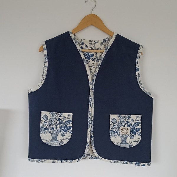 Gilet matelassé réversible - Toile de Jouy marine - Pièce unique