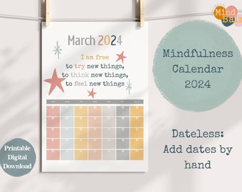 Monthly Wall Calendar 2024 Mindfulness Affirmations Self Compassion Breathing Techniques Printable Digital Wall Calendar Dateless A4/US