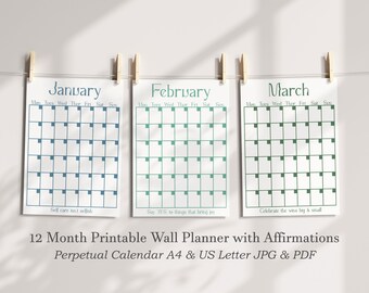 Calendar Printable Wall Calendar Positive Affirmations Blue Green Wall Planner Printable Calendar A4  Large Undated Wall Planner