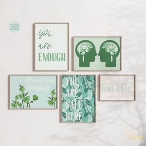 Green Gallery Wall Art Print Bundle, Feel Good Quote Prints, Therapie Kantoorkunst, Dopamine Decor, Pastelgroene set van 5 prints