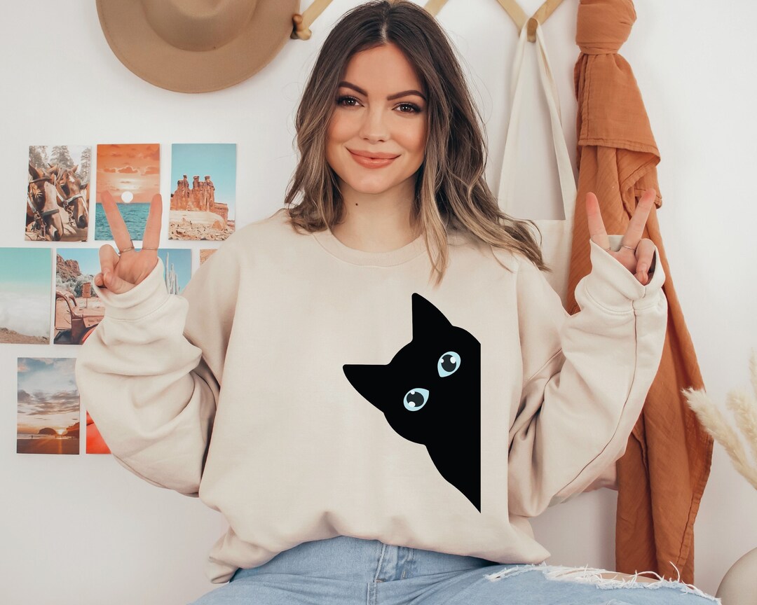 Black Cat Sweatshirt Cat Lover Sweatshirt Cats Hiding Etsy