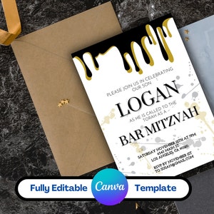 Einzigartige schwarz gold Bar Mitzvah Einladung, digitaler bearbeitbarer Download