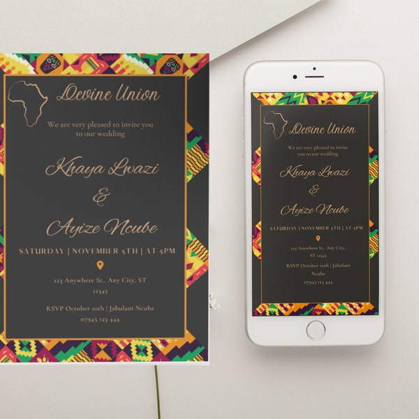 Printable African Style Invitation, Kente Wedding Invitation, Afrocentric Wedding, African Wedding  Kente Wedding, Editable Template