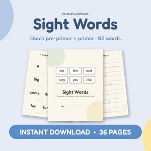 Può includere: Un set di flashcard e schede didattiche per le parole comuni intitolato Sight Words Dolch pre-primer + primer 92 words. Le pagine presentano caselle di testo con parole come see, the, and, play, you, like, big, come e for su sfondo chiaro.