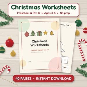 Christmas Worksheets Preschool 40 Pages, Cut and Paste Counting Tracing Pack | Color by Code Pre-K Homeschool Ages 3-5 Printable PDF