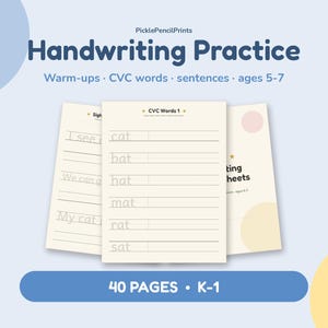 May include: Handwriting practice worksheets featuring CVC words and sentences for ages 5-7. The pages include tracing lines for words like cat, bat, hat, mat, rat, and sat. The set contains 40 pages for K-1 students, branded as PicklePencilPrints.