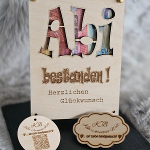 Karte aus Holz Geldgeschenk Wunscherfüller, zum Abitur, Abi 2025, bestandenen Prüfung verschiedene Motive
