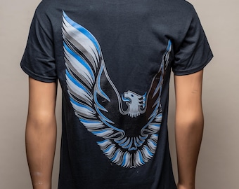 Asymmetrical Trans AM bird/Script Tee Shirt - (Blue) - Handmade