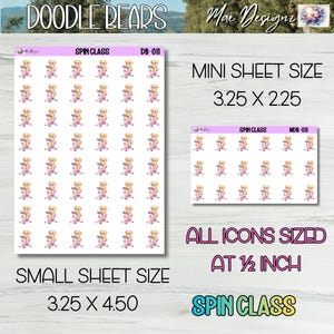 May include: Two sticker sheets featuring teddy bear illustrations. The small sheet measures 3.25 x 4.50 inches, and the mini sheet is 3.25 x 2.25 inches. Each icon is sized at 0.5 inches. The text "SPIN CLASS" is visible.
