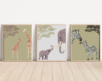 Set of 3 Baby Safari Animals Wall Art, Sage Green, Grey, Modern PRINTABLE Wall Art, DIGITAL DOWNLOAD