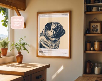 Lámina artística de perro carlino / Colección The Companion / Arte mural minimalista para mascotas / Impresión de estudio n.° 17 / Regalo de carlino juguetón para amantes de los perros