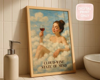 Cloud Wine Art Print: Relaxing Woman Illustration (Digital Download)