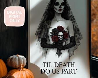 Impresión de pareja de esqueletos góticos: Hasta la muerte, romance de Halloween (descarga digital)