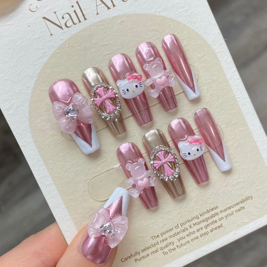 Hello Kitty Press on Nails/cute Sweetie Nails/ Pink Hugging Etsy