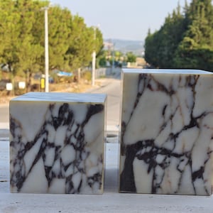 May include: Two rectangular blocks made of white stone with prominent dark brown and black veining patterns. The blocks are positioned side by side, with one being shorter and wider than the other, both featuring smooth, polished surfaces.