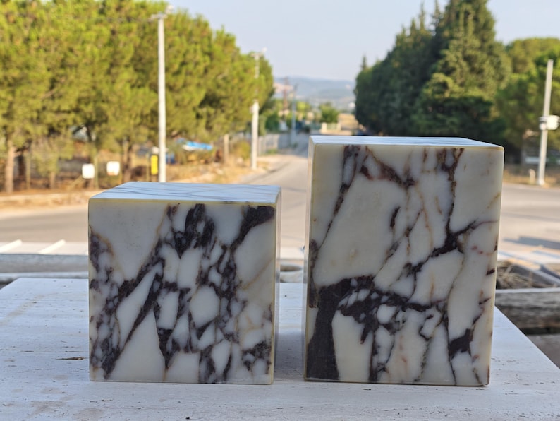 May include: Two rectangular blocks made of white stone with prominent dark brown and black veining patterns. The blocks are positioned side by side, with one being shorter and wider than the other, both featuring smooth, polished surfaces.
