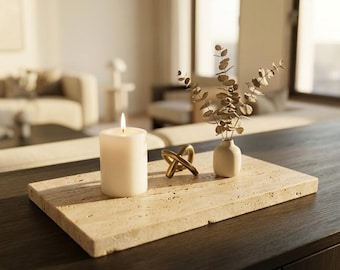 Bandeja multiusos de travertino beige hecha a mano: decoración para mesa de centro.