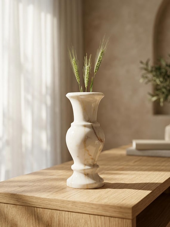 Turkish Sugar Marble Vase – Handcrafted Natural Stone Decor, 28 cm (11 in) Tall