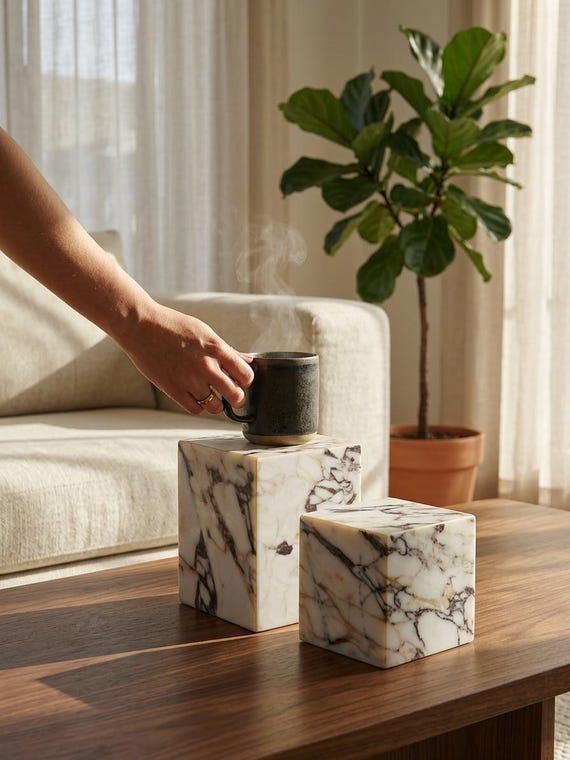 Set of 2 Calacatta Viola Marble Pedestals, Marble Display Risers, Decorative Plinths, 5.9x5.9 in, 7.9 & 5.9 in Tall