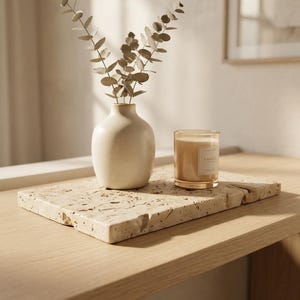 May include: A rectangular beige travertine stone tray with a porous, textured surface. On the tray sits a small, smooth, off-white ceramic vase containing dried eucalyptus stems and a clear glass candle with a white label and light wax.
