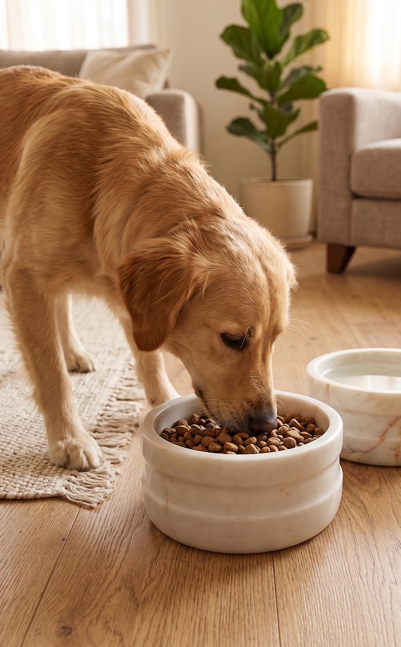 Polished Marble Pet Bowl – Natural Stone Food Water Dish (19cm Diameter)