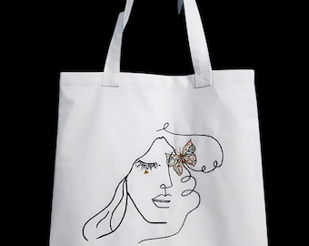 手刺繍のミニマリズムリネンバッグ、パーソナライズされたトートバッグ、美しくキュートなマーケットバッグ、環境に優しい食料品バッグ、刺繍トート