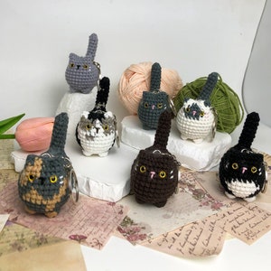 Può includere: Un set di sei portachiavi a forma di gatto all'uncinetto in vari colori, tra cui grigio, nero, bianco, marrone e arancione. Ogni portachiavi presenta un piccolo gatto rotondo con una coda soffice e un anello per le chiavi attaccato.