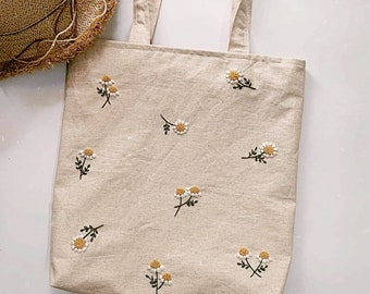 Daisy Embroidered Canvas Tote Bag, Hand Embroidered Linen Bag, Handmade Tote Bag, Aesthetic and Cute Market Bag, Eco Friendly Grocery Bag