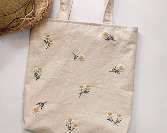 Daisy Embroidered Canvas Tote Bag, Hand Embroidered Linen Bag, Handmade Tote Bag, Aesthetic and Cute Market Bag, Eco Friendly Grocery Bag